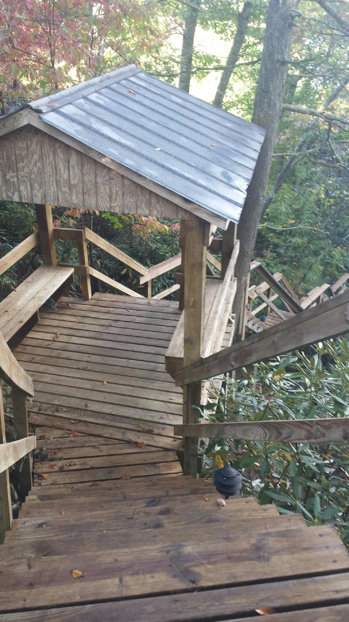 Metal roofed shelter over wooden steps on a wooded walkway — Skylight Repair & Installation work by our crew in Lathrop